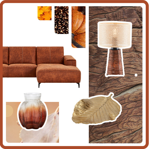 Collage mit braunem Rahmen: Glasvase mit Farbverlauf von Braun zu Klar, goldenes Dekoblatt, braunes Ecksofa aus Mikrofaser, Rattan-Tischleuchte