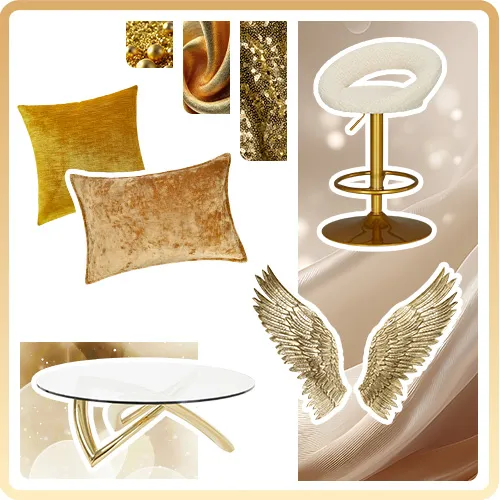 Collage: zwei goldene Kissen, weißer Barhocker mit goldenem Gestell, Couchtisch mit Glasplatte und Gold-Gestell, goldene Deko-Flügel
