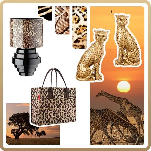 Collage: schwarze Lampe mit braun-beigem Schirm im Leomuster, braun-beige Reisenthel-Tasche mit Leomuster, 2 goldene Deko-Geparden