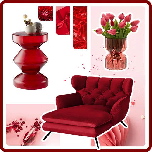 Collage, roter Glas-Beistelltisch mit Deko, rote Vase mit Tulpen, roter Big-Sessel. Hintergrundbilder in Rottönen.