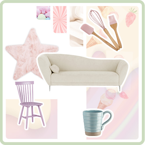 Collage mit hellgrünem Rahmen: fliederfarbiger Stuhl, rosa Teppich in Sternform, Backset aus Holz und rosa Silikon, hellgelbes Sofa, mintfarbige Tasse mit beigem Akzent