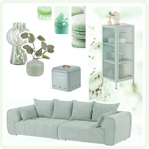 Collage aus mintgrünen Möbeln und Wohnaccessoires: Glasvase, Vase mit Zweigen, Aufbewahrungsdose mit Druck Potatoes, Vitrine mit Deko, Einzelsofa