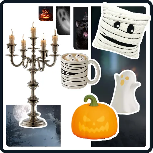 Collage: weißer LED-Geist, silberfarbiger Kerzenständer mit 6 Kerzen, weißes-Mumienkissen mit schwarzen Akzenten, weiße Mumien-Tasse mit schwarzen Akzenten, orange Kürbis-Leuchte, im Hintergrund dunkle Motive mit Nachthimmel, Mond, Fledermäusen und Kürbissen.
