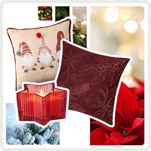 Collage mit grauem Rahmen: Beiges Kissen mit Wichteln und rotem Keder, Kerze in rotem sternenförmigem Glas, rotes Kissen mit weihnachtlichem Muster