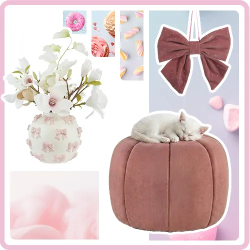 Collage: weiße Vase mit rosa Schleifen, rosa Schleife mit Strass, rosa Pouf mit schlafender weißer Katze