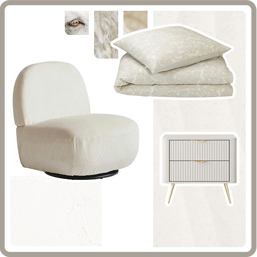 Collage mit Produkten im Farbton Cashmere; Sessel, Bettwäsche, Nachttisch
