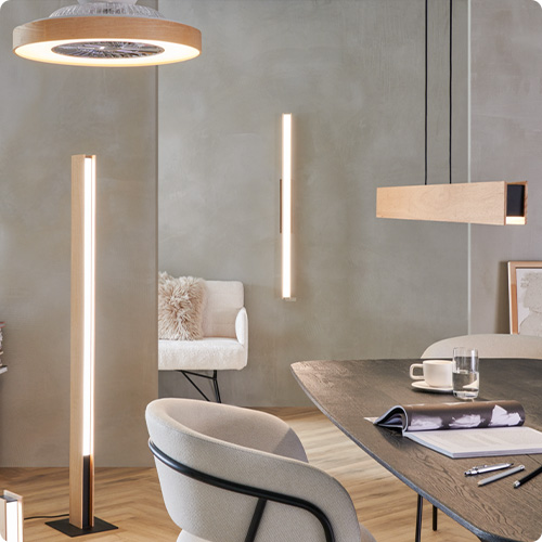 Esszimmer mit Pendelleuchte über Tisch, Wandleuchte, Stehleuchte und Deckenleuchte.