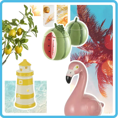 Collage: Kunst-Zitronenbaum, Deko-Leuchtturm in Gelb-Weiß, grüne bzw. grün-rote Deko-Dosen in Melonenoptik, rosa Deko-Flamingo