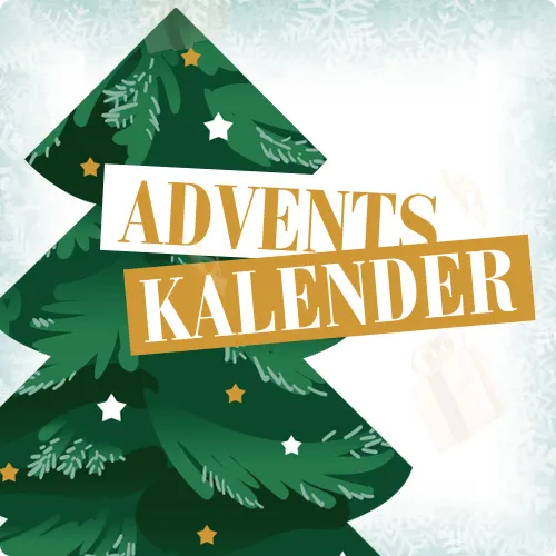 Illustration von Weihnachtsbaum mit Sternen, im Hintergrund als Deko nur leicht zu erkennen Geschenkpakete, Text Vorfreude, schönste Freude! Adventskalender