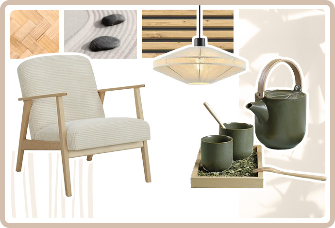 Zusammenstellung von Artikel und Grafiken: Sessel aus Cord mit Holzgestell, grün-hölzernes Teeset aus Kanne und Bechern, geometrische weiße Lampe mit schwarzem Kabel. Dazu Detailansichten eines Bambusgeflechtes, von schwarzen Steinen in einem Zen-Garten und langen, parallelen Holzlatten mit schwarzen Zwischenräumen.