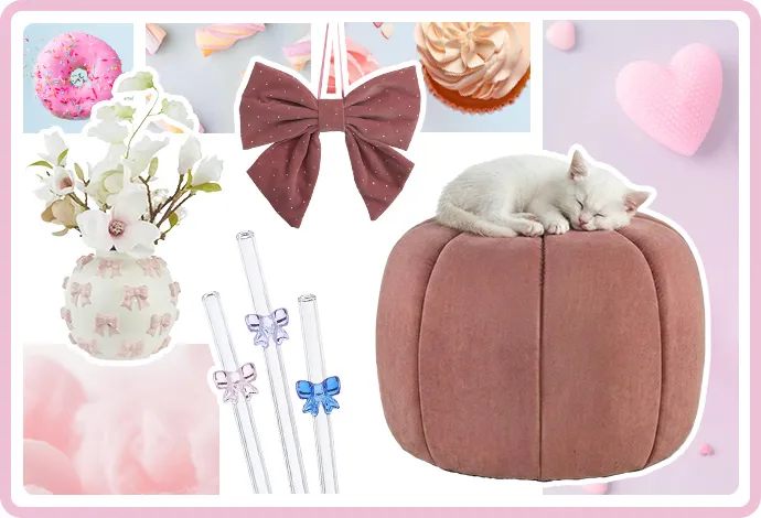 Collage: weiße Vase mit rosa Schleifen, rosa Schleife mit Strass, Glasstrohhalme mit Schleifen, rosa Pouf mit schlafender weißer Katze