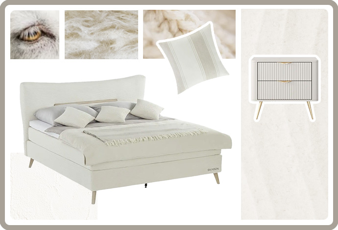 Collage mit Produkten im Farbton Cashmere: Doppelbett, Nachttisch, Kissen. Im Hintergrund: Detailansichten von Strickware und hellem Fell.