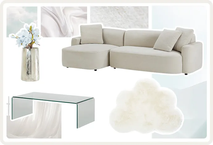 Collage mit Produkten im Farbton Cloud Dancer: Sofa, Vase, Espressotasse, Fellteppich, Couchtisch