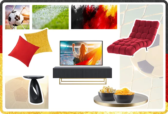 Collage: rotes und goldfarbenes Kissen, TV-Möbel mit Fernseher auf dem eine Frau mit Deutschlandfahne zu sehen ist, schwarzer Beistelltisch, goldenes Tablett mit 2 schwarzen Schüssel gefüllt mit Popkorn und Chips, rote Relaxliege