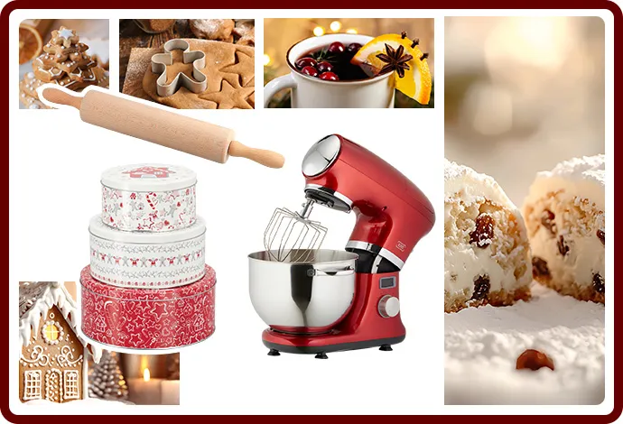 Collage rund um die Weihnachtsbäckerei: 3er-Set rot-weiße, gemusterte Keksdosen, Küchenmaschine in Rot, Holz-Teigrolle, weihnachtliches Gebäck