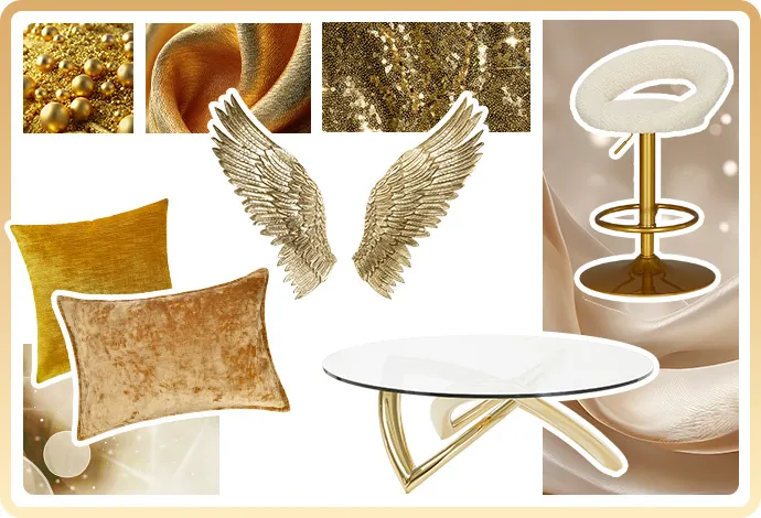 Collage: zwei goldene Kissen, weißer Barhocker mit goldenem Gestell, Couchtisch mit Glasplatte und Gold-Gestell, goldene Deko-Flügel
