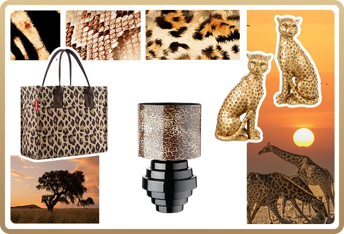 Collage: schwarze Lampe mit braun-beigem Schirm im Leomuster, braun-beige Reisenthel-Tasche mit Leomuster, 2 goldene Deko-Geparden