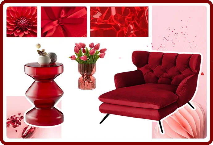 Collage, roter Glas-Beistelltisch mit Deko, rote Vase mit Tulpen, roter Big-Sessel. Hintergrundbilder in Rottönen.