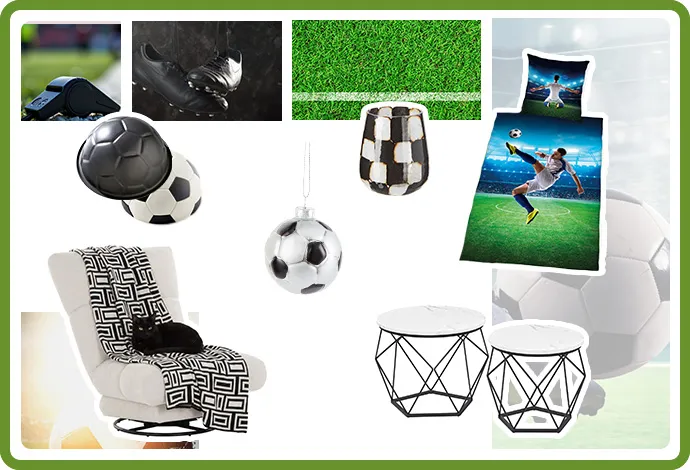 Collage mit Fussballbettwäsche, Fussball-Backform, Fussball-Baumschmuck, weißer Sessel mit schwarz/weißer Kuscheldecke auf der eine schwarze Katze liegt, 2 schwarz/weiße Beistelltische