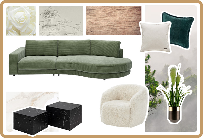 Moodboard mit grünem Sofa, beigem Sessel, beigem und grünen Kissen, schwarzer Vase und schwarzem Couchtischset