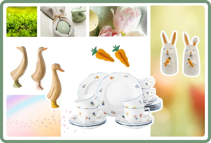 Collage Österliche Frühlingsboten: zwei Dekofiguren Hase, drei Dekofiguren Enten, zwei Osteranhänger Karotten, Kaffeeservice mit Blumenmuster