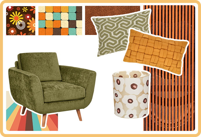 Moodboard mit Sessel, Vase & Kissen im Retro-Stil