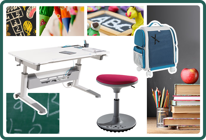 Collage: Tafel, Kreidebild, Schultüten, Knetgummi, Schulbücher, Stifte, dazu 3 Produkte Schülerschreibtisch, Kinderhocker und Rollcontainer.