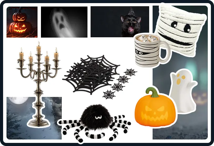 Collage: weißer LED-Geist, silberfarbiger Kerzenständer mit 6 Kerzen, weißes-Mumienkissen mit schwarzen Akzenten, weiße Mumien-Tasse mit schwarzen Akzenten, orange Kürbis-Leuchte, im Hintergrund dunkle Motive mit Nachthimmel, Mond, Fledermäusen und Kürbissen.