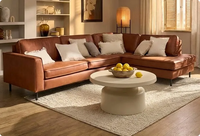 Wohnzimmer mit braunem Ledersofa und rundem Couchtisch in Beige. Unter dem Sofa und dem Tisch liegt ein beiger Wollteppich. Drumherum gibt es Accessoires in beigen Tönen.