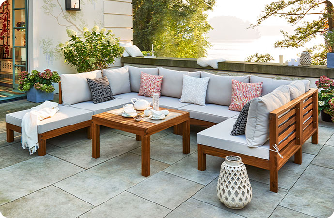 Garten-Loungegruppe Cape aus Akazie mit Sitzpolstern in Creme, Elemente flexibel zusammenstellbar