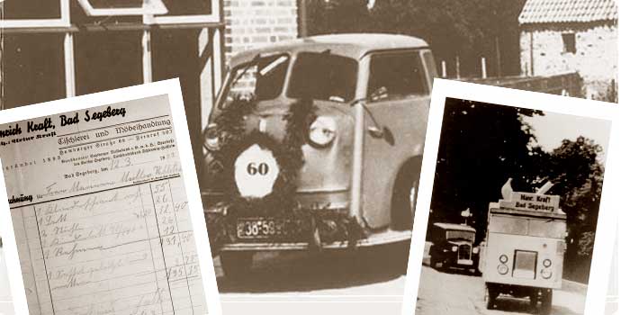 Drei historische Bilder: Möbel Kraft Kaufvertrag aus dem Jahre 1943 mit Text "Hinrich Kraft, Bad Segeberg, Tischlerei und Möbelhandlung. Möbel Kraft Oldtimer LKW in Schwarz mit Zahl 60 und Möbel Kraft Oldtimer LKW in Weiß mit Aufschrift Hinr. Kraft Bad Segeberg