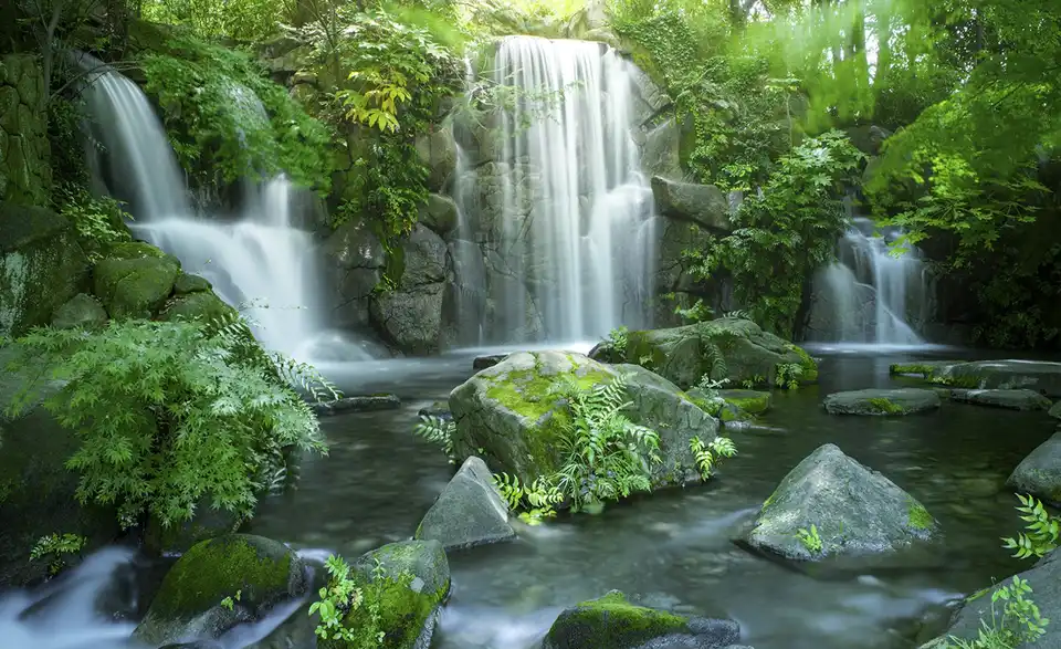 Kunstleinwand "Forest & Waterfall I", Frontansicht