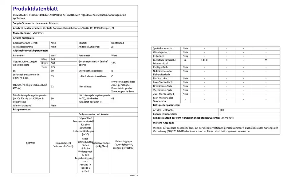 Bomann Kühlschrank VS 2195.1 ws