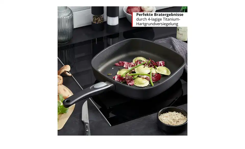 Meisterkoch Pfanne rechteckig 28 cm Titanium, Bild mit Text