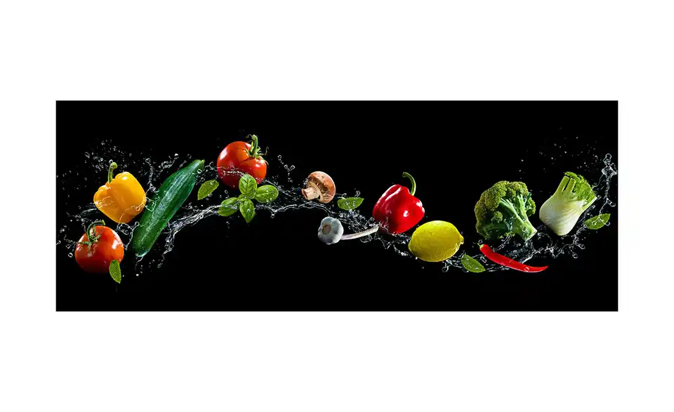 Glasbild Flying Vegetables, Frontansicht