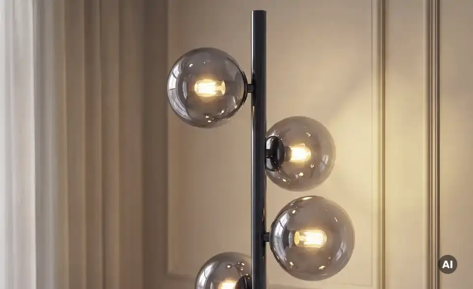 Meisterleuchten Stehleuchte, 5-flammig, schwarzchrom,Rauchglas, Detailansicht