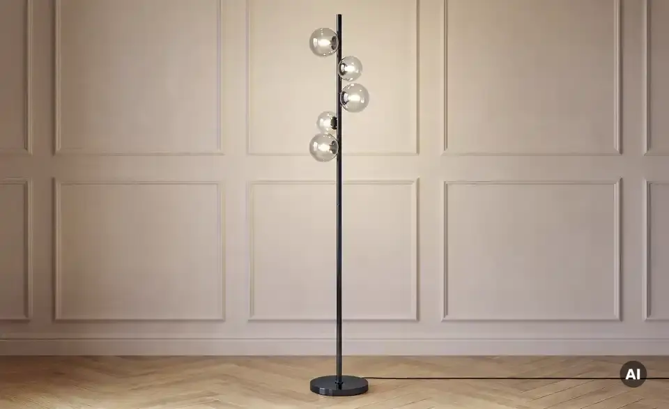Meisterleuchten Stehleuchte, 5-flammig, schwarzchrom,Rauchglas, in Wohnsituation
