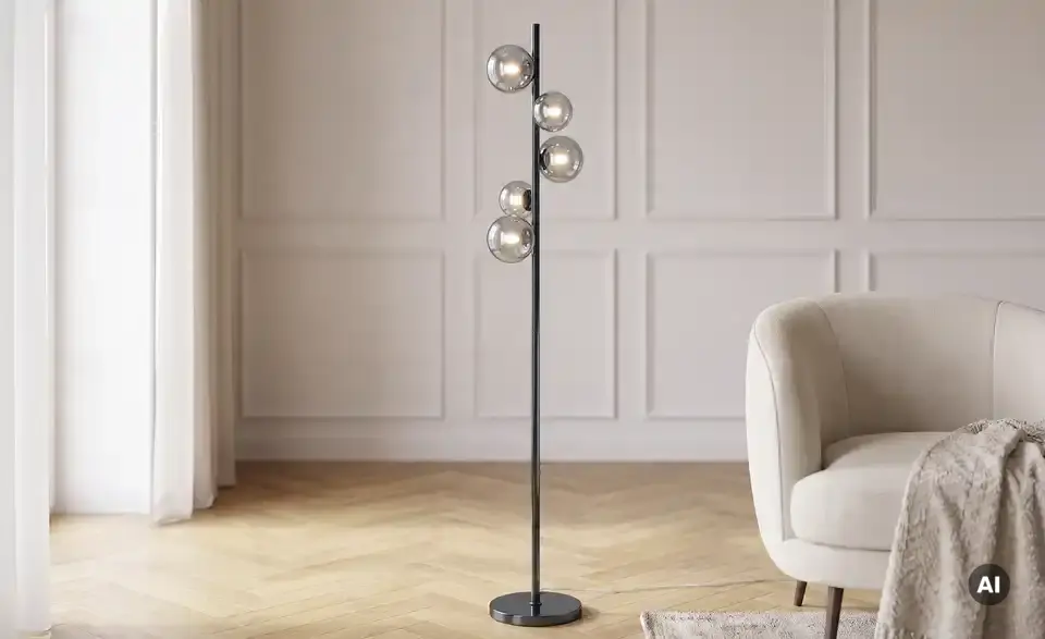 Meisterleuchten Stehleuchte, 5-flammig, schwarzchrom,Rauchglas, in Wohnsituation