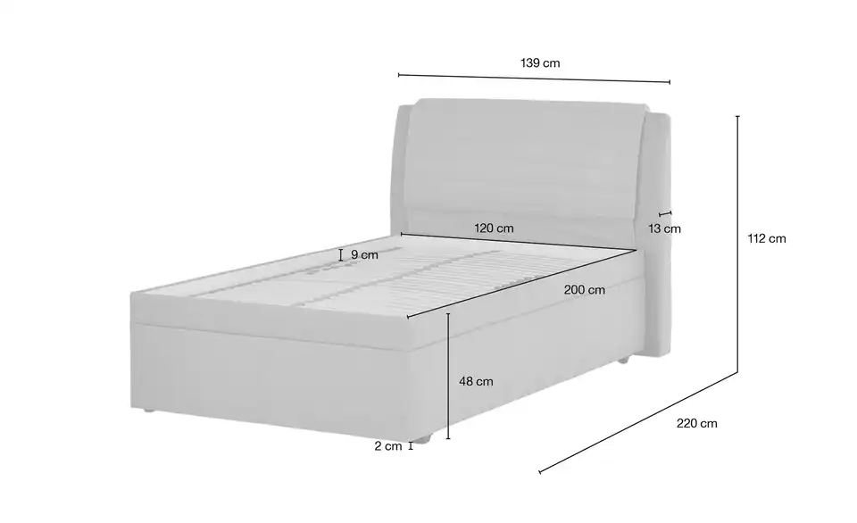 Polsterbett mit Stauraum, Bemaßung