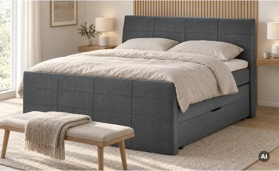 Boxspringbett mit Bettkasten und Topper, in Wohnsituation