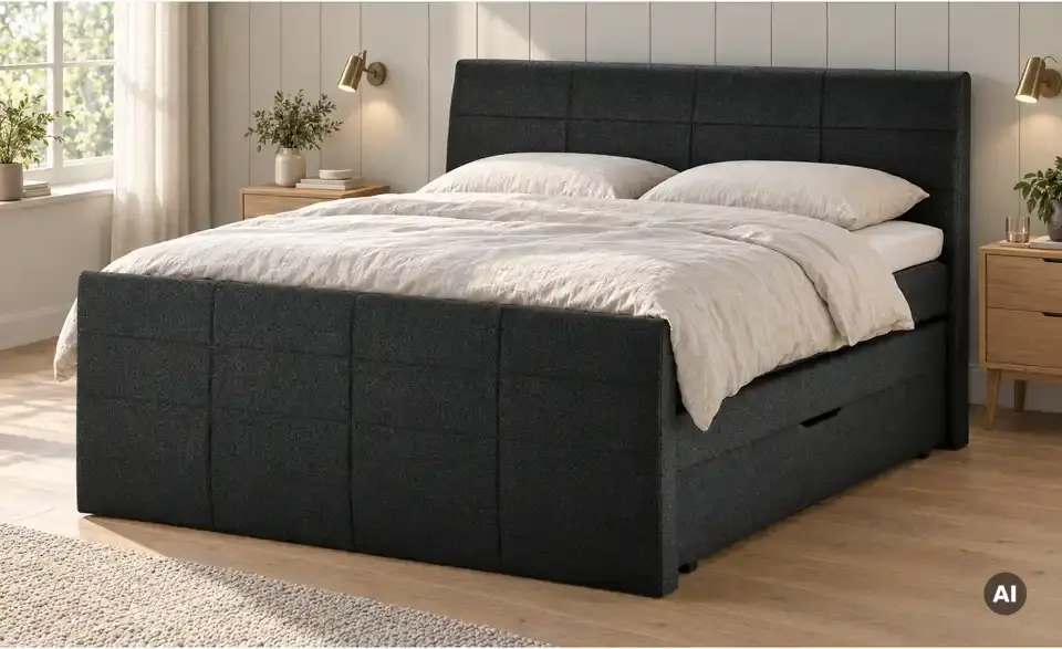 Boxspringbett mit Bettkasten und Topper, in Wohnsituation