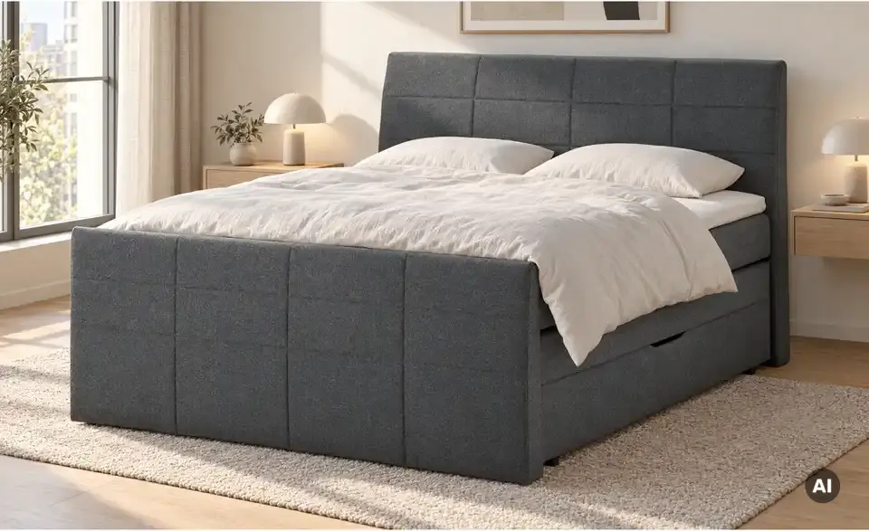 Boxspringbett mit Bettkasten und Topper, in Wohnsituation