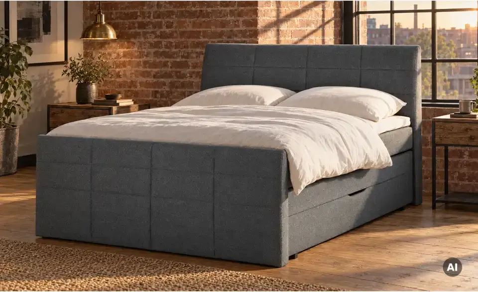 Boxspringbett mit Bettkasten und Topper, in Wohnsituation
