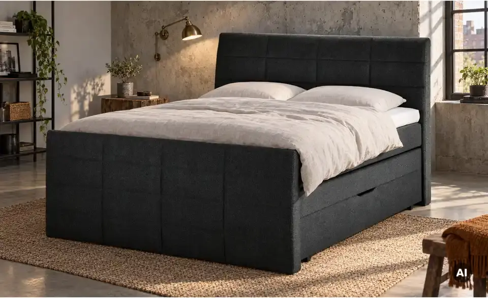 Boxspringbett mit Bettkasten und Topper, in Wohnsituation