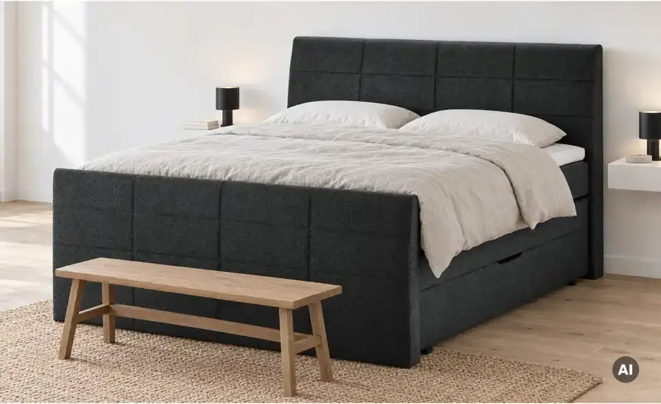 Boxspringbett mit Bettkasten und Topper, in Wohnsituation