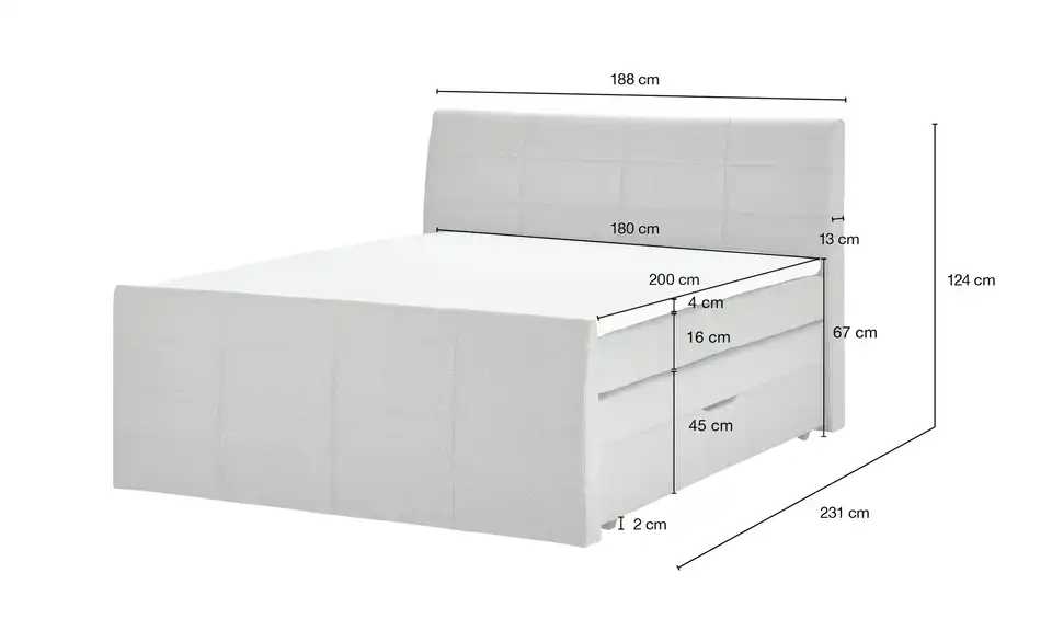 Boxspringbett mit Bettkasten und Topper, Bemaßung