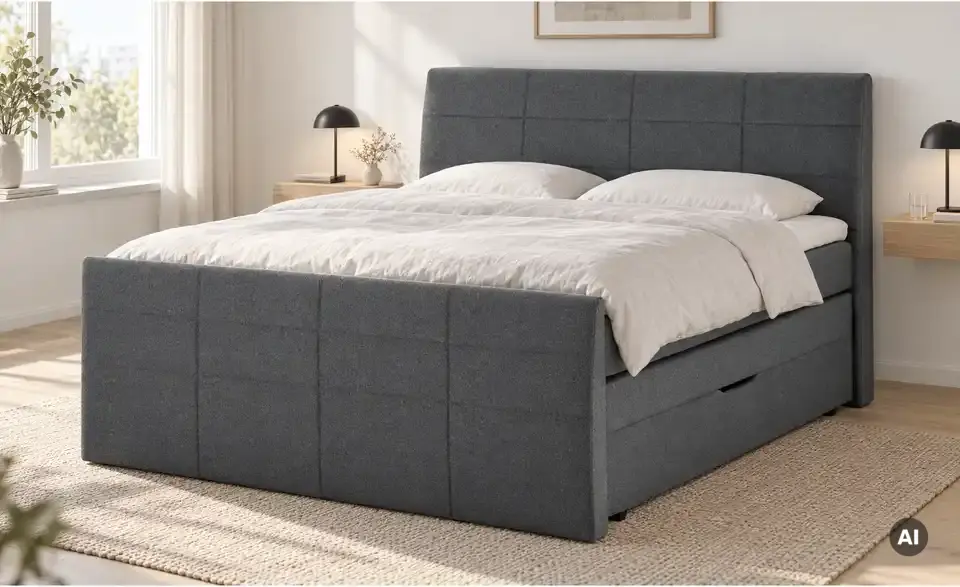Boxspringbett mit Bettkasten und Topper, in Wohnsituation