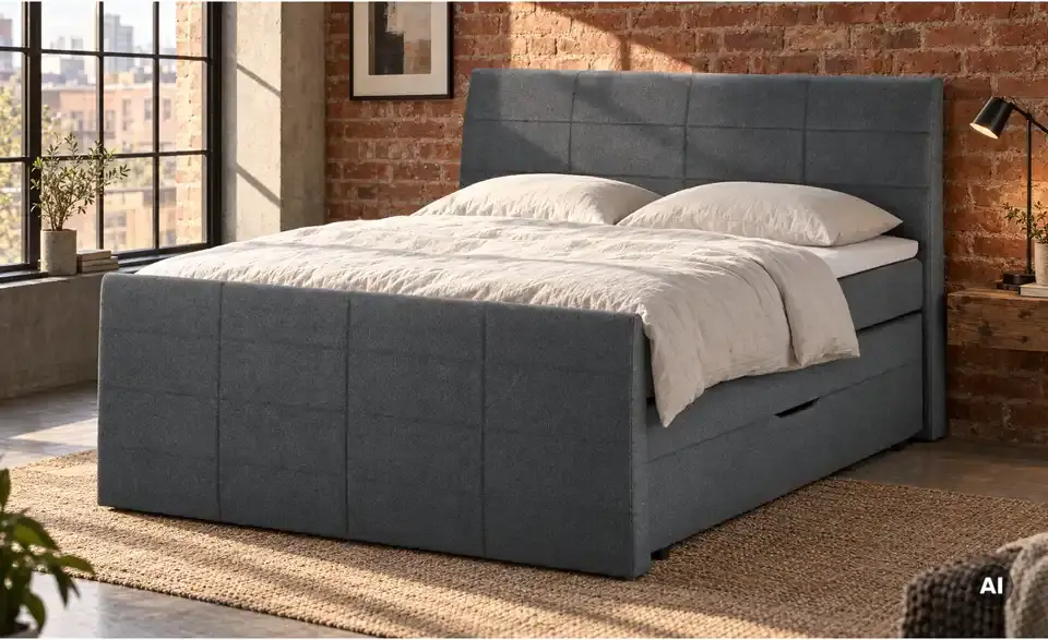Boxspringbett mit Bettkasten und Topper, in Wohnsituation