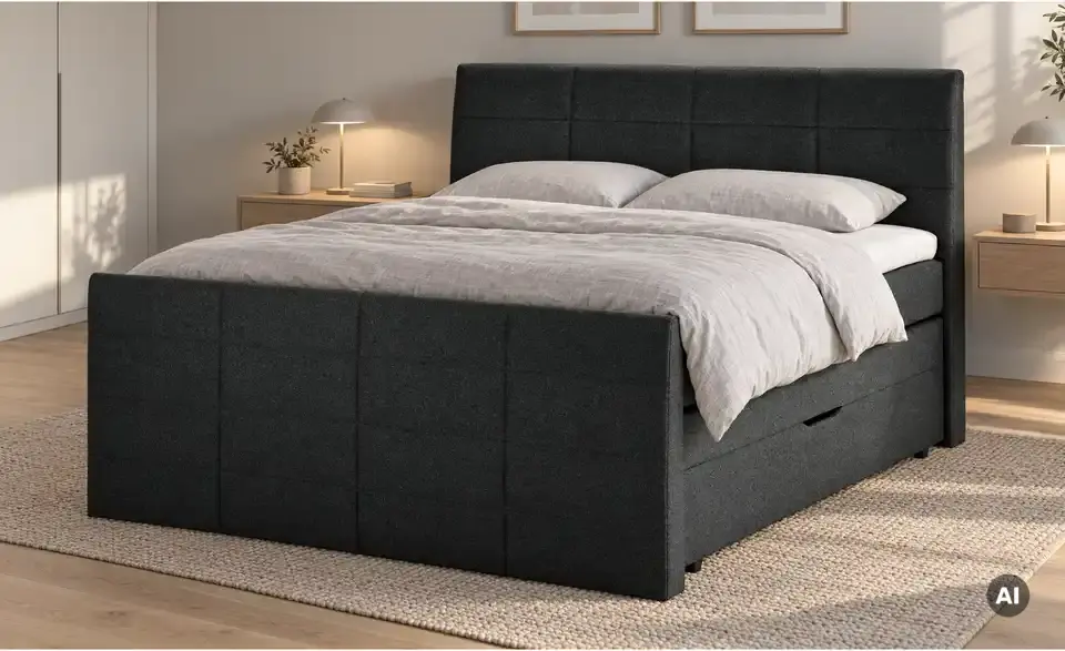 Boxspringbett mit Bettkasten und Topper, in Wohnsituation