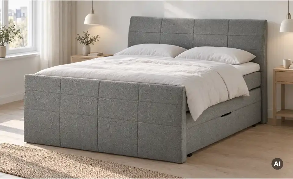 Boxspringbett mit Bettkasten und Topper, in Wohnsituation